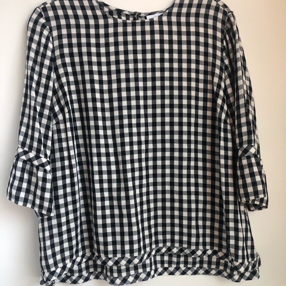 J. Jill bell sleeve pullover black and white gingham shirt.